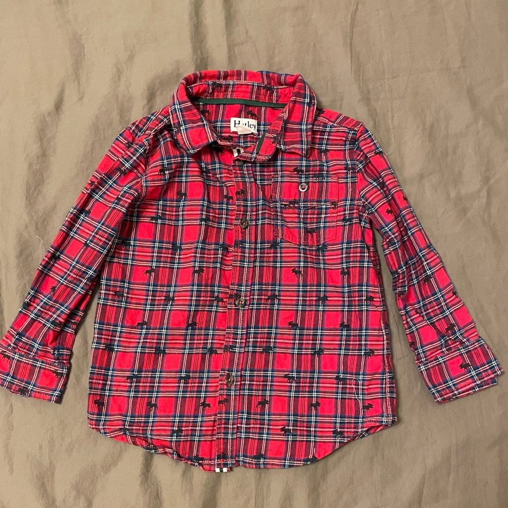 Red Hatley Plaid Button up Shirt with Black Moose Patterns